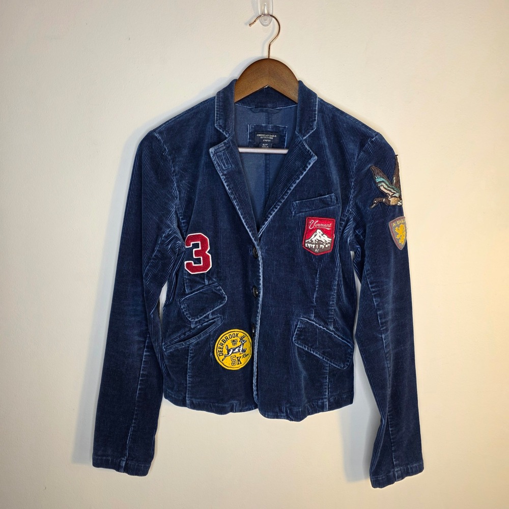 American Eagle Jacket Womens Small Blue Corduroy Elbow Patch Preppy Academia